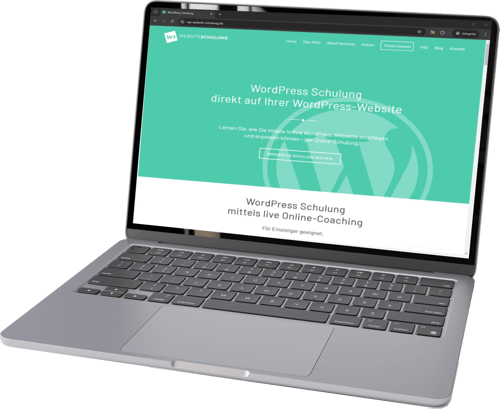 Laptop zeigt Schrift WordPress Schulung direkt an Ihrer Website auf Display